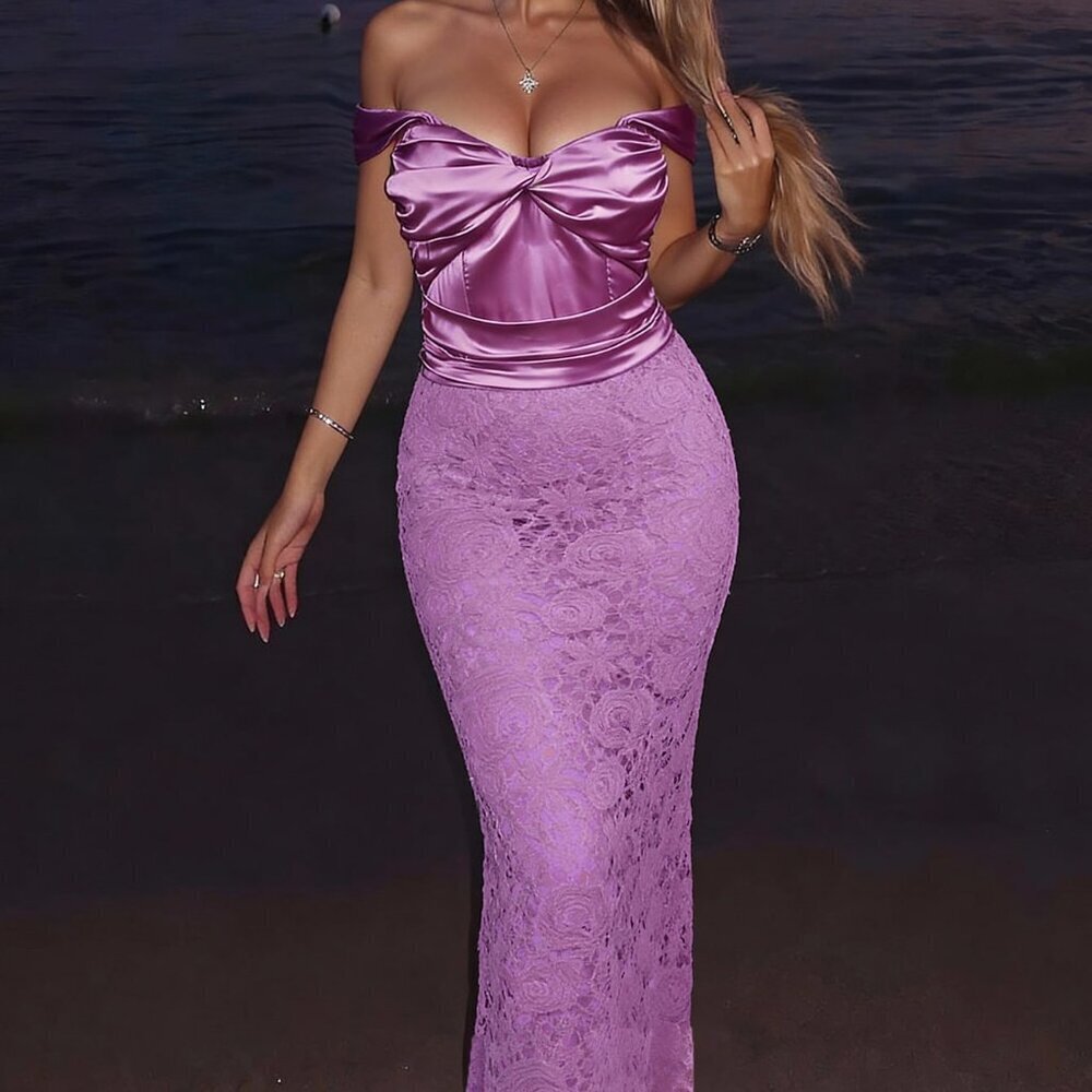 Lilac Purple Elegant Women's Satin Lace Patchwork Slim Fit Dress w/Off Shoulder